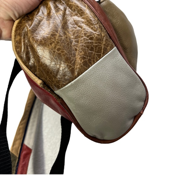 VTG 90's Gray Brown Cream Red Leather Mini Backpack with Zipper Straps - Picture 5 of 16